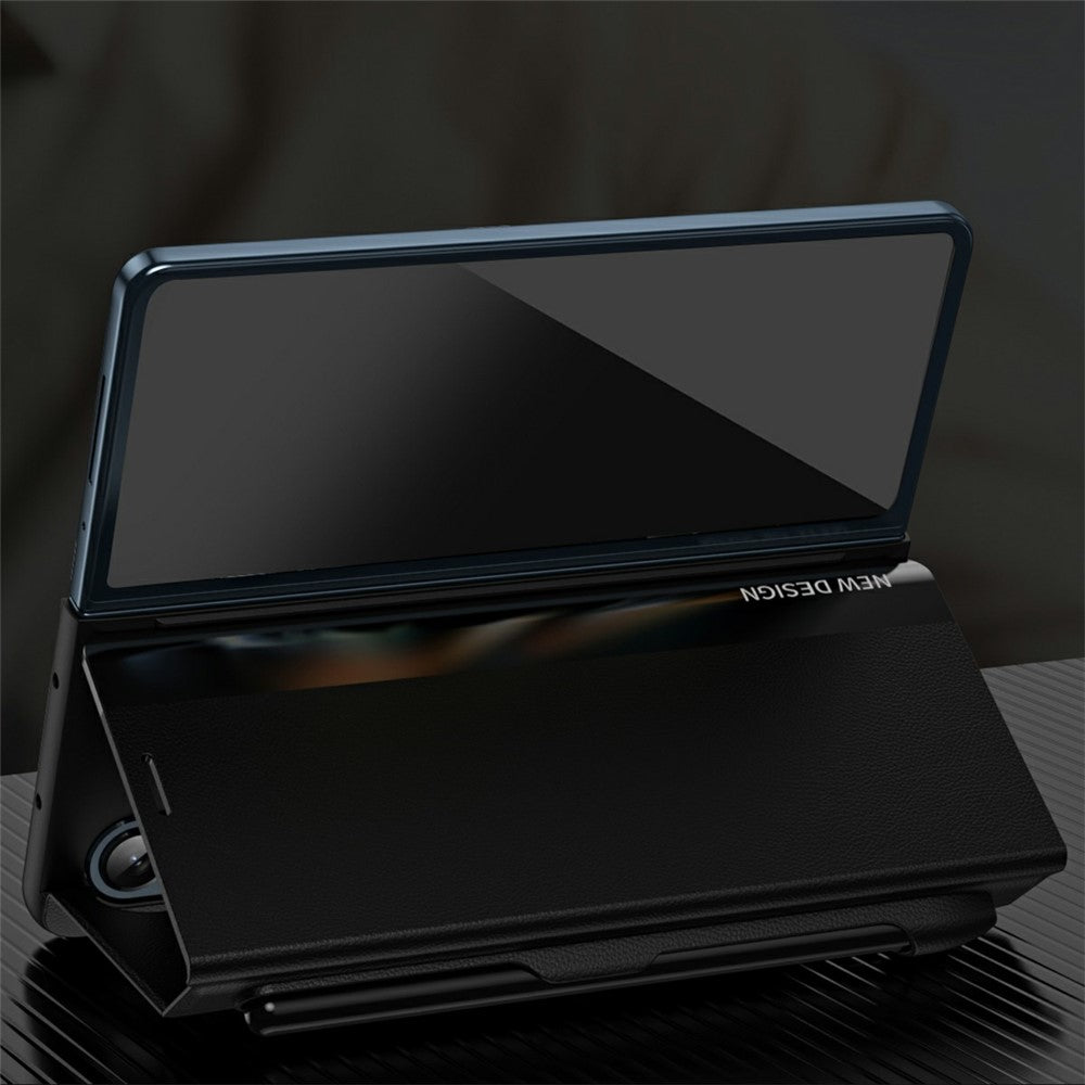 For Samsung Galaxy Z Fold7 5G Case Electroplating Pen Slot PU + PC Phone Cover with Stylus - Black