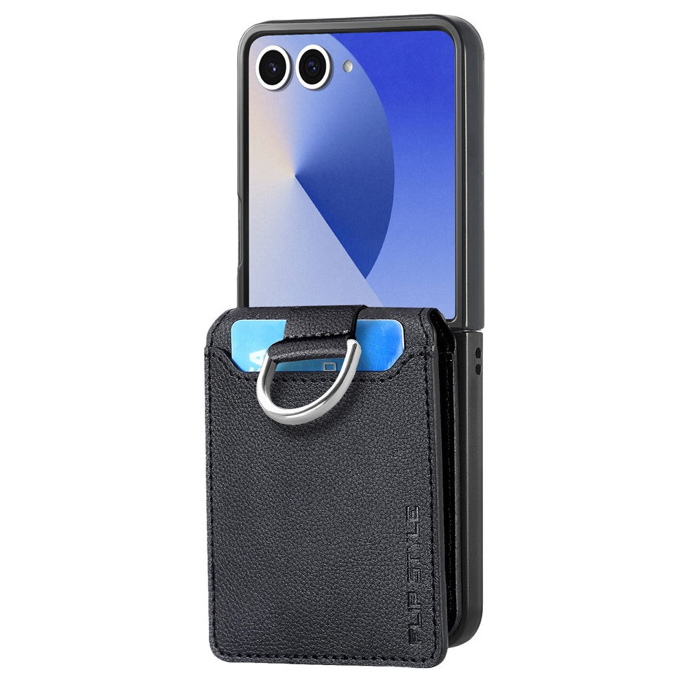 For Samsung Galaxy Z Flip7 5G Case Card Holder Kickstand PU + PC Phone Cover with Finger Ring - Black