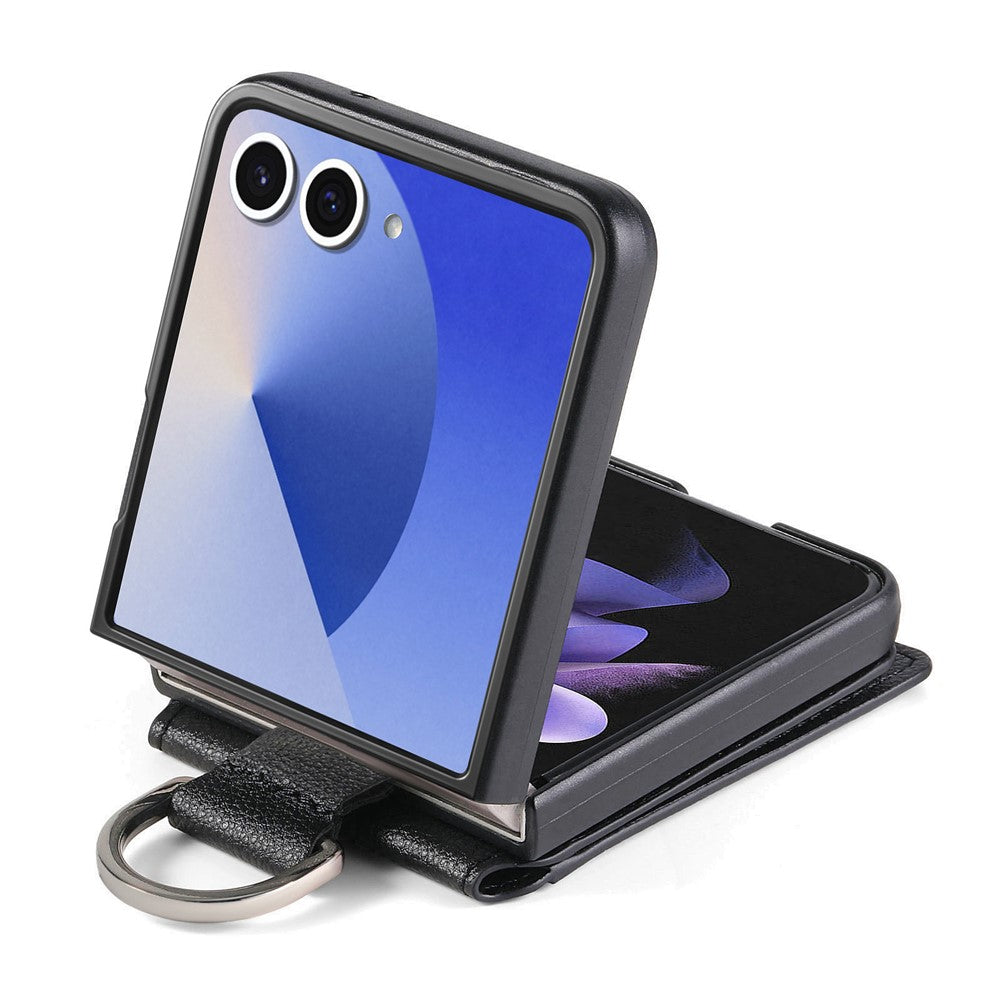 For Samsung Galaxy Z Flip7 5G Case Card Holder Kickstand PU + PC Phone Cover with Finger Ring - Black