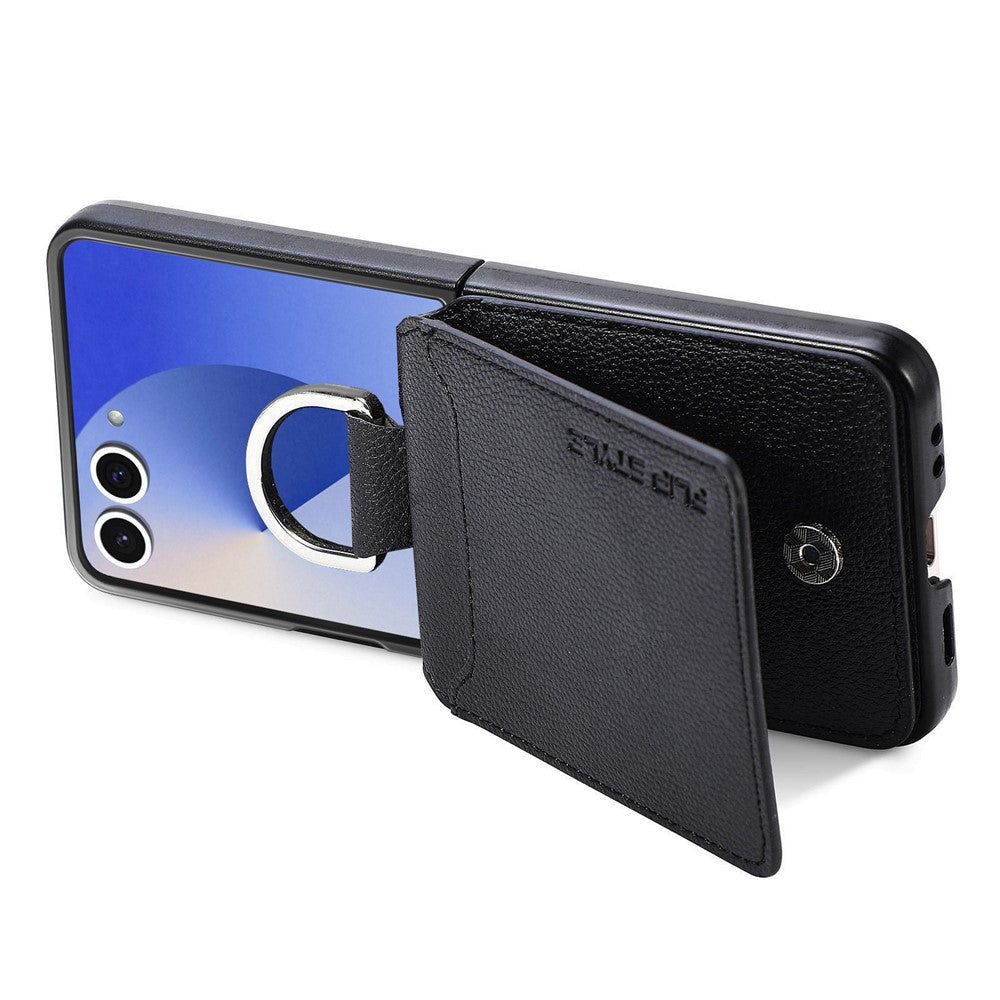 For Samsung Galaxy Z Flip7 5G Case Card Holder Kickstand PU + PC Phone Cover with Finger Ring - Black
