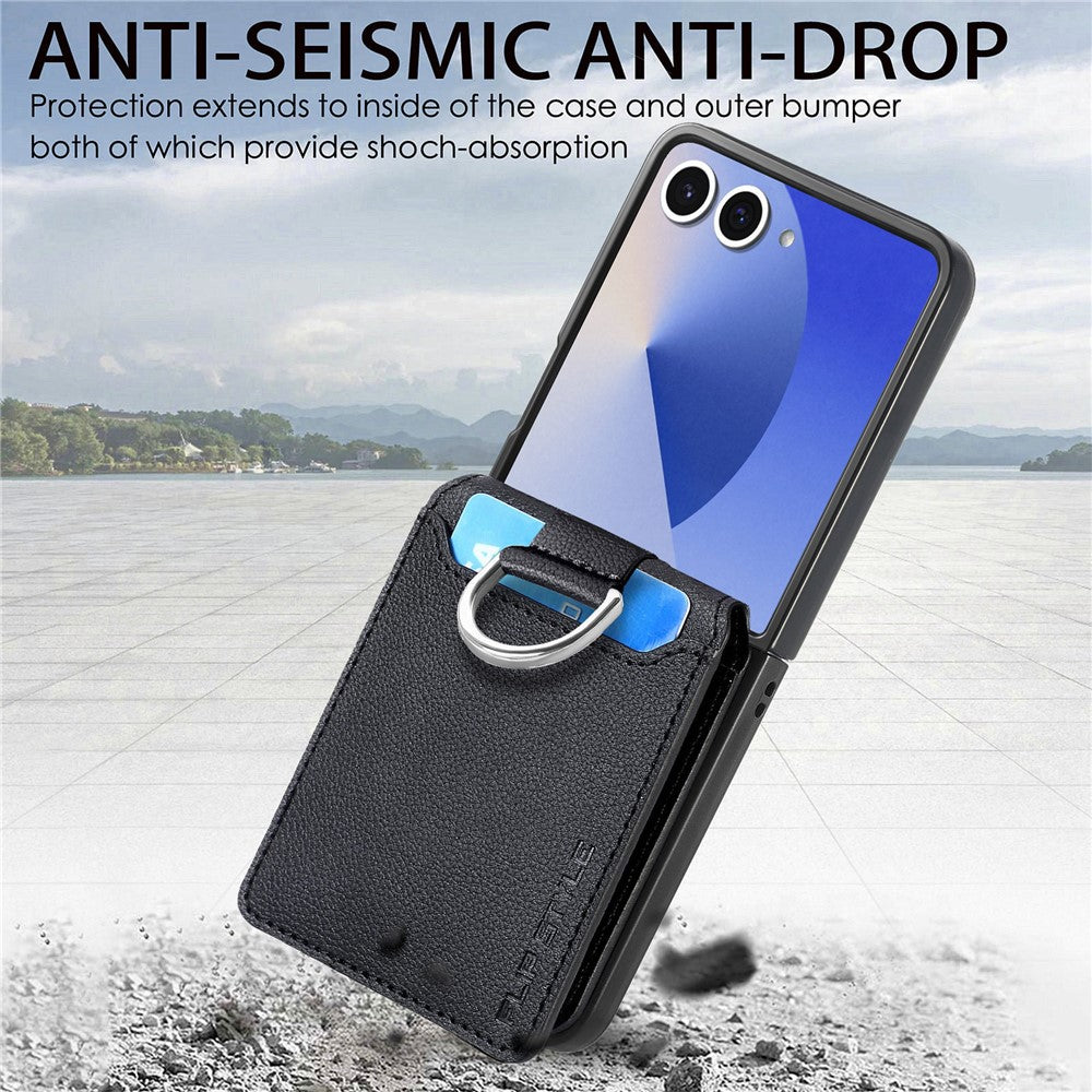 For Samsung Galaxy Z Flip7 5G Case Card Holder Kickstand PU + PC Phone Cover with Finger Ring - Black