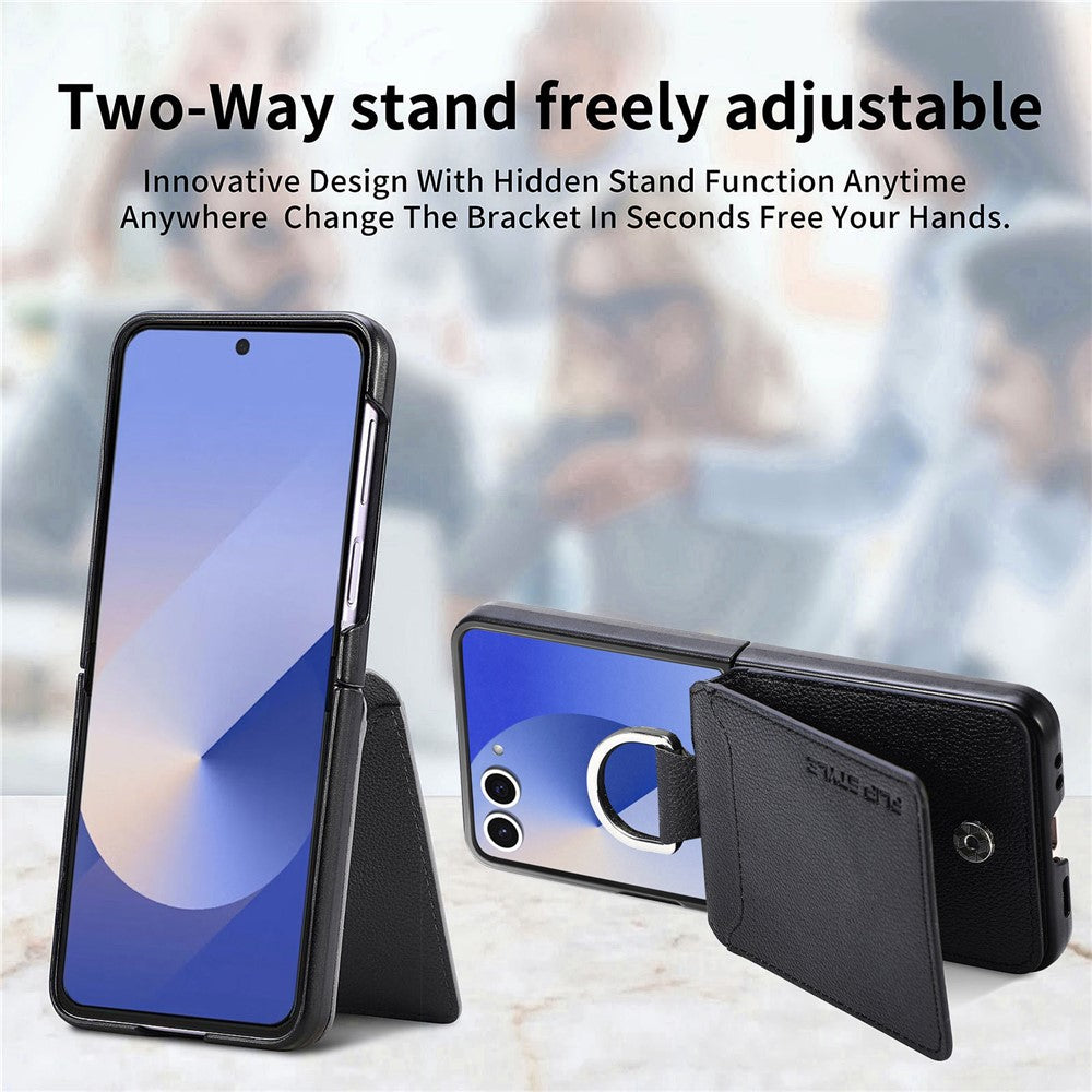 For Samsung Galaxy Z Flip7 5G Case Card Holder Kickstand PU + PC Phone Cover with Finger Ring - Black