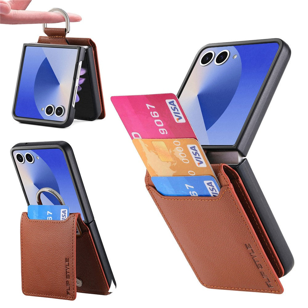 For Samsung Galaxy Z Flip7 5G Case Card Holder Kickstand PU + PC Phone Cover with Finger Ring - Brown