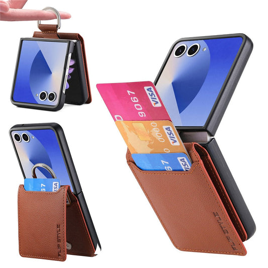 For Samsung Galaxy Z Flip7 5G Case Card Holder Kickstand PU + PC Phone Cover with Finger Ring - Brown