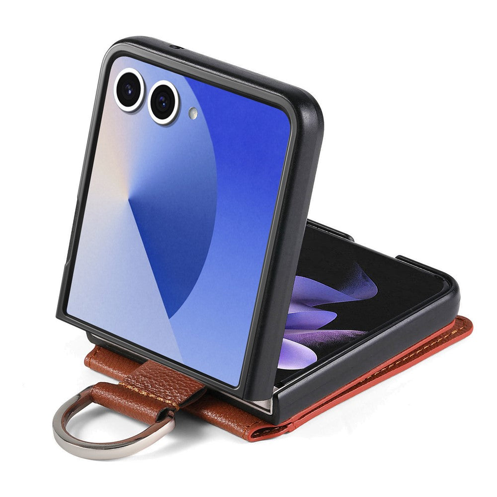 For Samsung Galaxy Z Flip7 5G Case Card Holder Kickstand PU + PC Phone Cover with Finger Ring - Brown