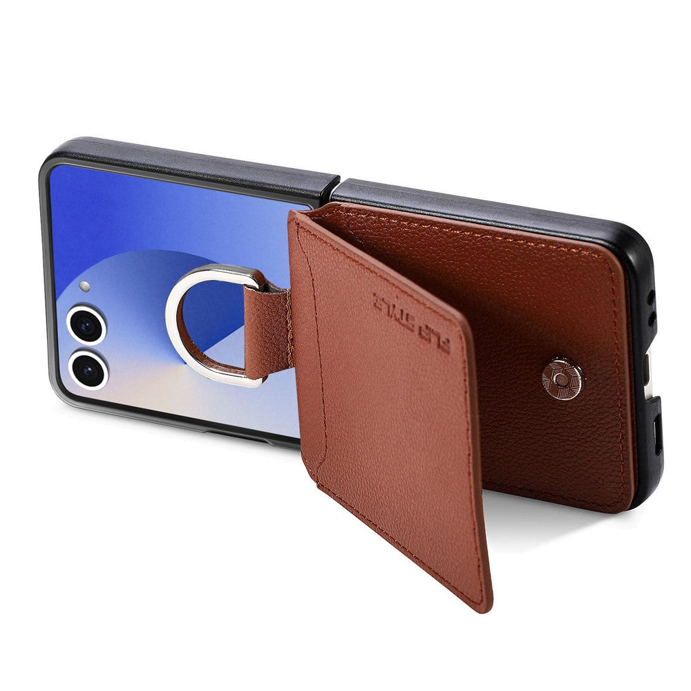 For Samsung Galaxy Z Flip7 5G Case Card Holder Kickstand PU + PC Phone Cover with Finger Ring - Brown