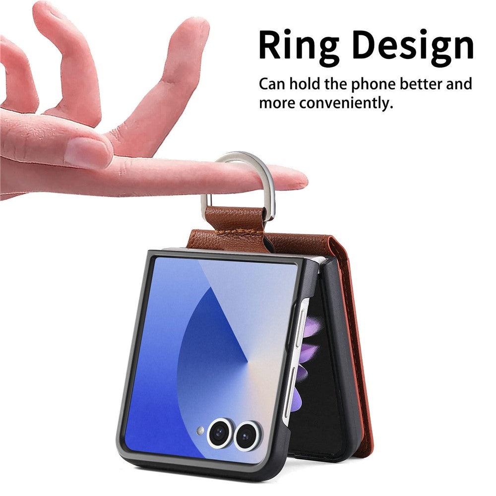 For Samsung Galaxy Z Flip7 5G Case Card Holder Kickstand PU + PC Phone Cover with Finger Ring - Brown