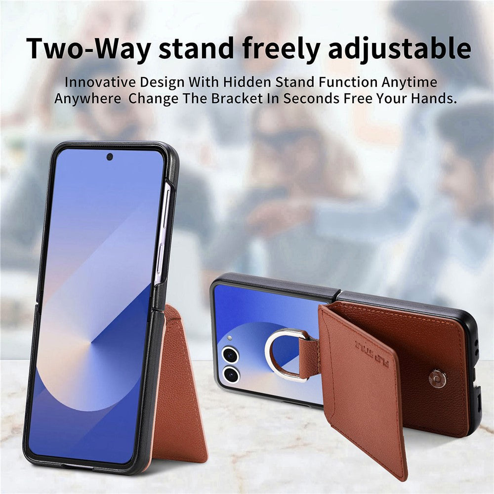 For Samsung Galaxy Z Flip7 5G Case Card Holder Kickstand PU + PC Phone Cover with Finger Ring - Brown
