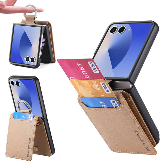 For Samsung Galaxy Z Flip7 5G Case Card Holder Kickstand PU + PC Phone Cover with Finger Ring - Khaki