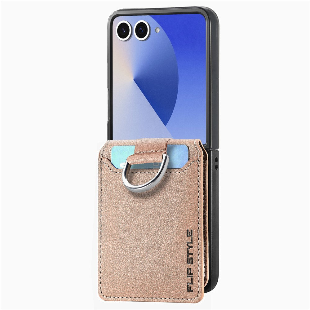 For Samsung Galaxy Z Flip7 5G Case Card Holder Kickstand PU + PC Phone Cover with Finger Ring - Khaki