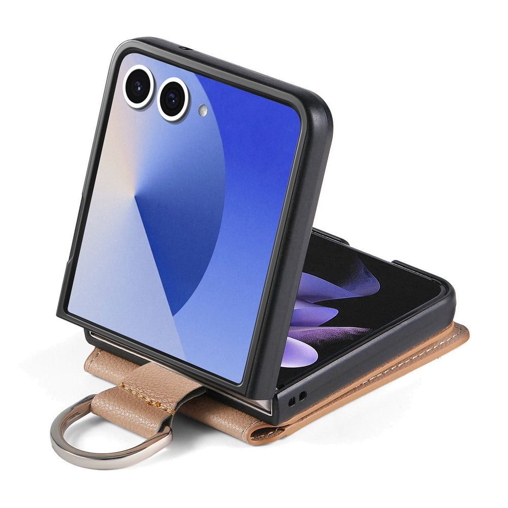 For Samsung Galaxy Z Flip7 5G Case Card Holder Kickstand PU + PC Phone Cover with Finger Ring - Khaki