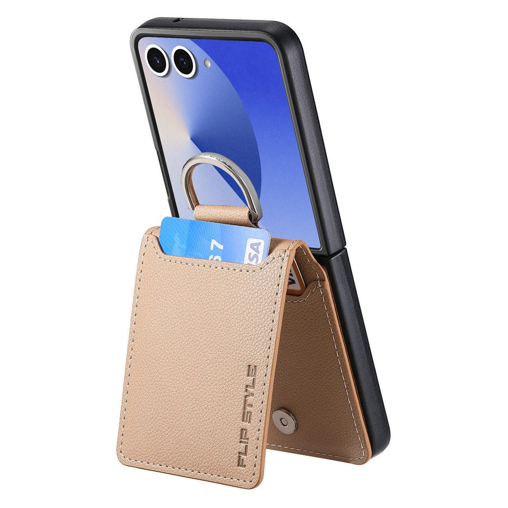 For Samsung Galaxy Z Flip7 5G Case Card Holder Kickstand PU + PC Phone Cover with Finger Ring - Khaki