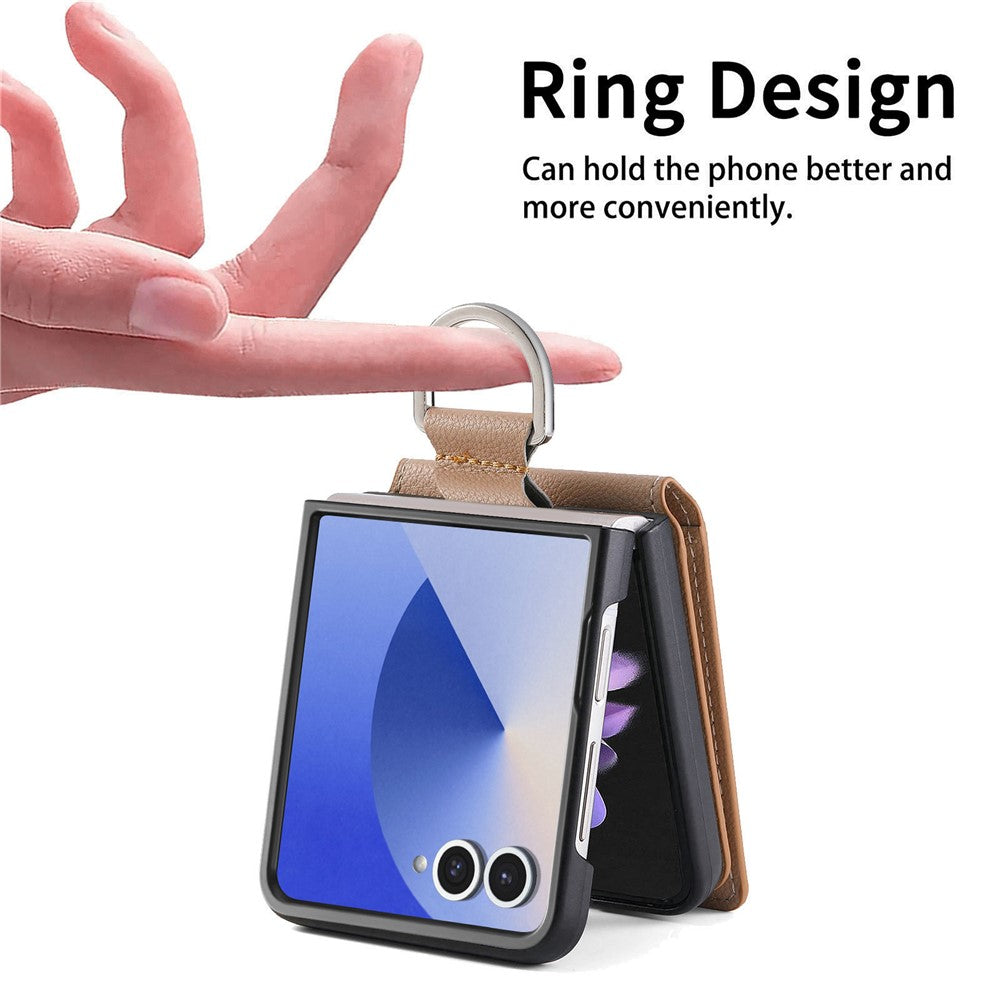 For Samsung Galaxy Z Flip7 5G Case Card Holder Kickstand PU + PC Phone Cover with Finger Ring - Khaki