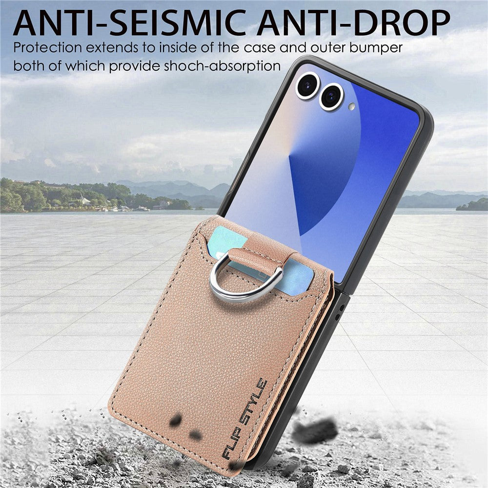 For Samsung Galaxy Z Flip7 5G Case Card Holder Kickstand PU + PC Phone Cover with Finger Ring - Khaki