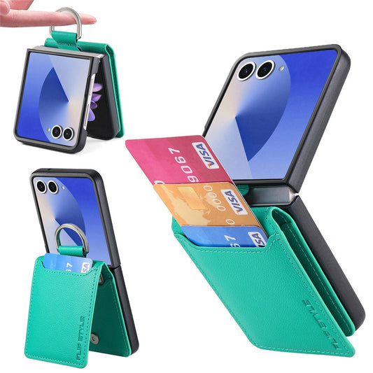 For Samsung Galaxy Z Flip7 5G Case Card Holder Kickstand PU + PC Phone Cover with Finger Ring - Green