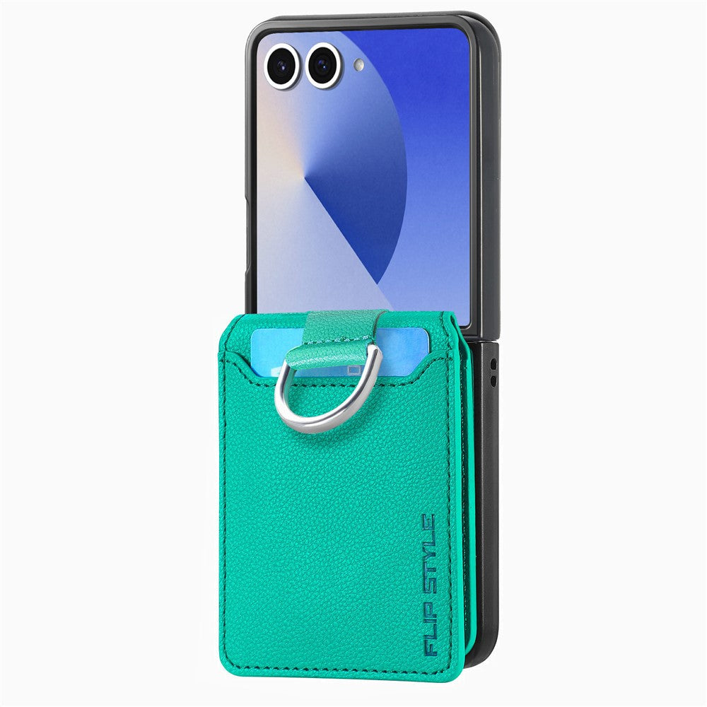 For Samsung Galaxy Z Flip7 5G Case Card Holder Kickstand PU + PC Phone Cover with Finger Ring - Green