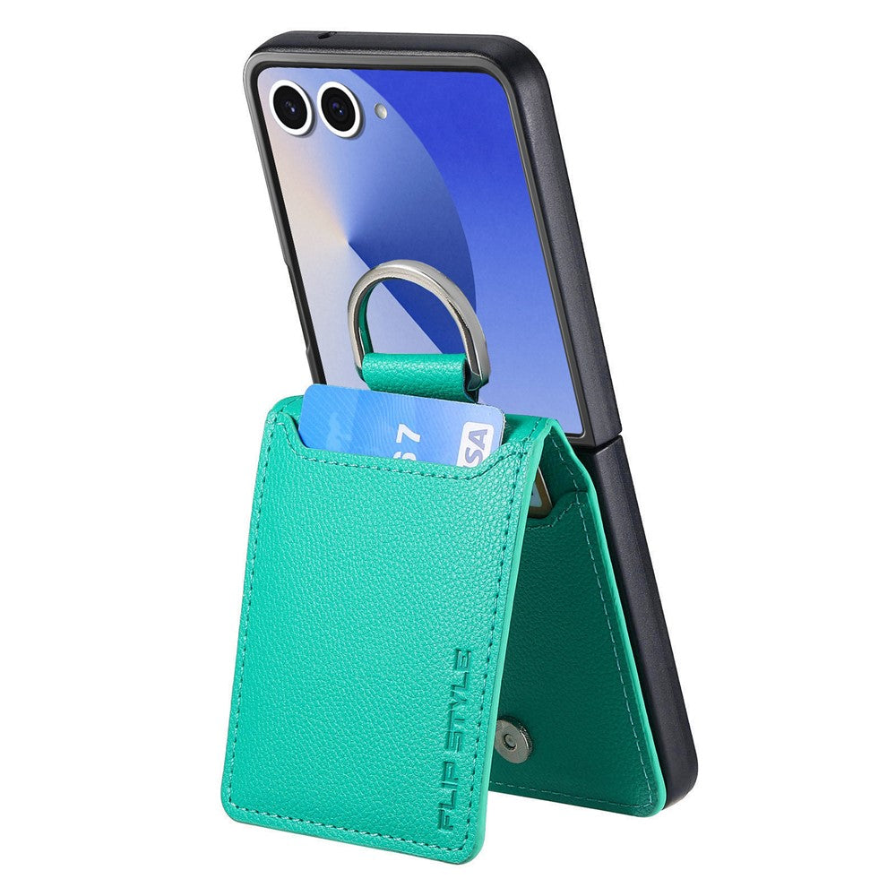 For Samsung Galaxy Z Flip7 5G Case Card Holder Kickstand PU + PC Phone Cover with Finger Ring - Green
