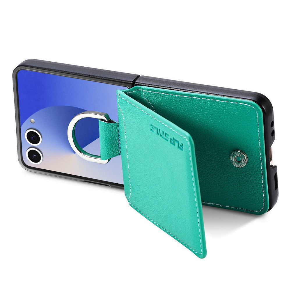 For Samsung Galaxy Z Flip7 5G Case Card Holder Kickstand PU + PC Phone Cover with Finger Ring - Green