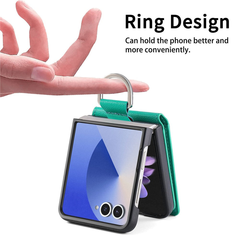 For Samsung Galaxy Z Flip7 5G Case Card Holder Kickstand PU + PC Phone Cover with Finger Ring - Green