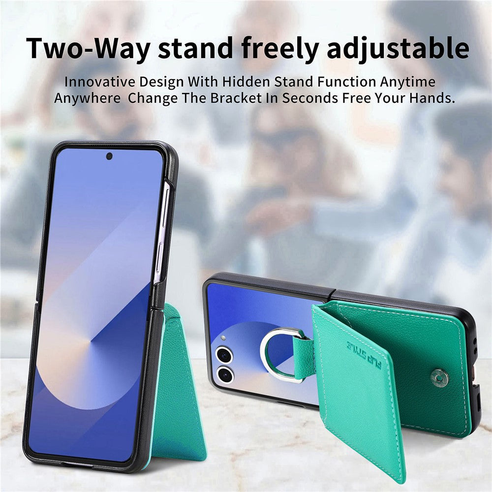 For Samsung Galaxy Z Flip7 5G Case Card Holder Kickstand PU + PC Phone Cover with Finger Ring - Green