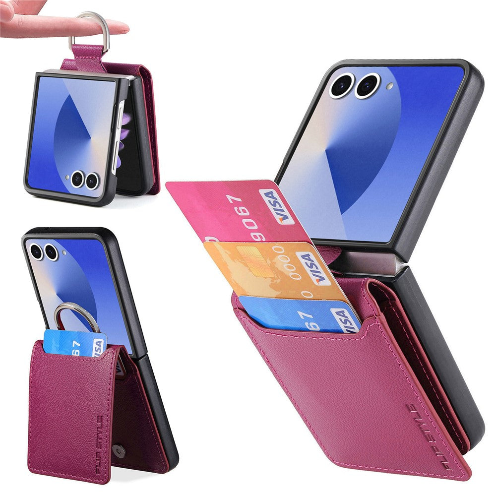 For Samsung Galaxy Z Flip7 5G Case Card Holder Kickstand PU + PC Phone Cover with Finger Ring - Purple