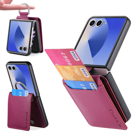For Samsung Galaxy Z Flip7 5G Case Card Holder Kickstand PU + PC Phone Cover with Finger Ring - Purple
