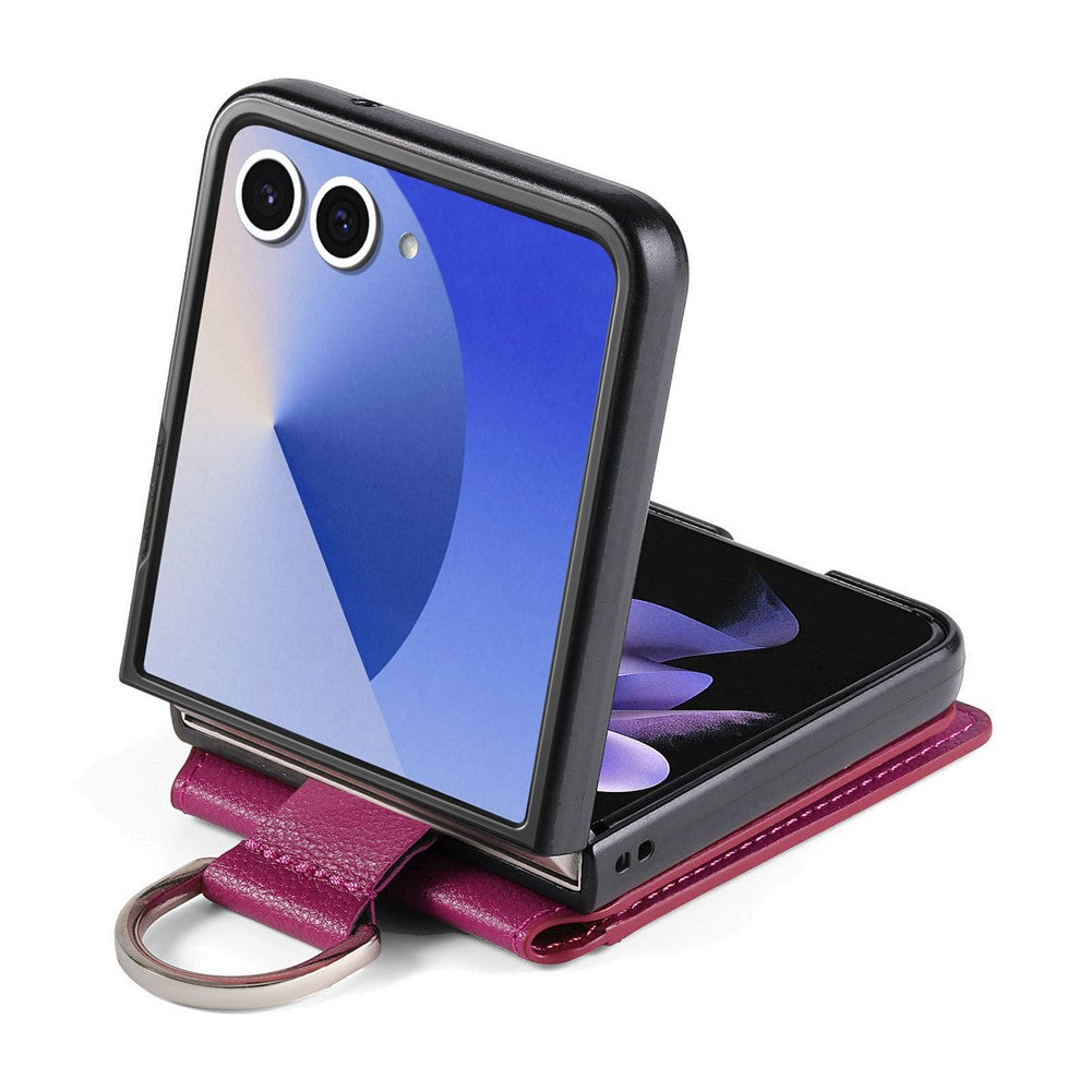 For Samsung Galaxy Z Flip7 5G Case Card Holder Kickstand PU + PC Phone Cover with Finger Ring - Purple