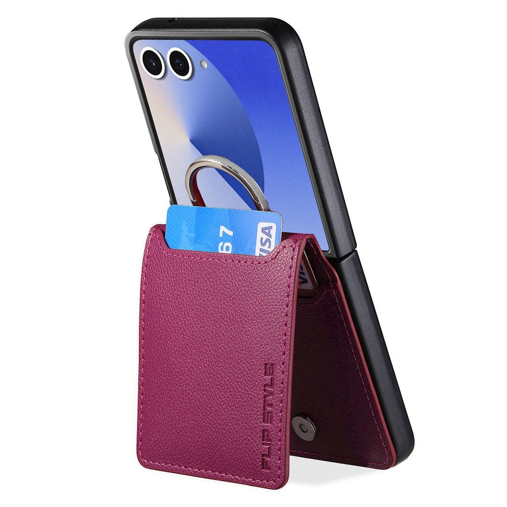 For Samsung Galaxy Z Flip7 5G Case Card Holder Kickstand PU + PC Phone Cover with Finger Ring - Purple