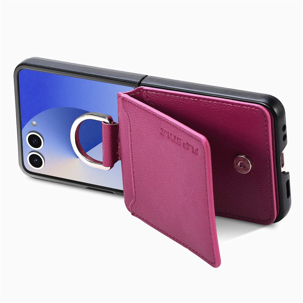 For Samsung Galaxy Z Flip7 5G Case Card Holder Kickstand PU + PC Phone Cover with Finger Ring - Purple