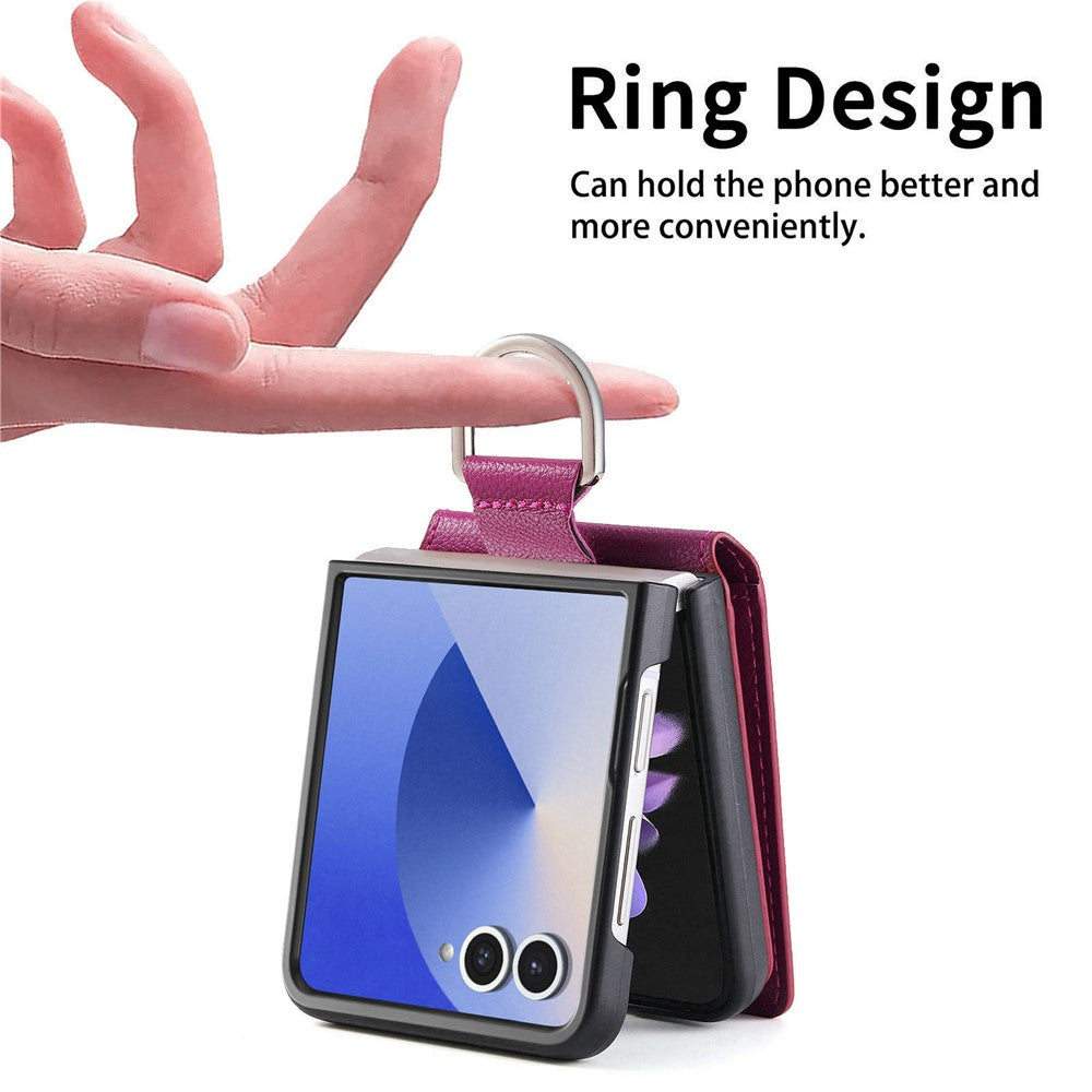 For Samsung Galaxy Z Flip7 5G Case Card Holder Kickstand PU + PC Phone Cover with Finger Ring - Purple