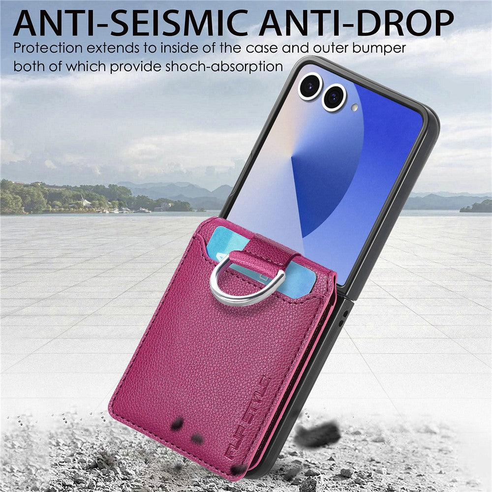 For Samsung Galaxy Z Flip7 5G Case Card Holder Kickstand PU + PC Phone Cover with Finger Ring - Purple