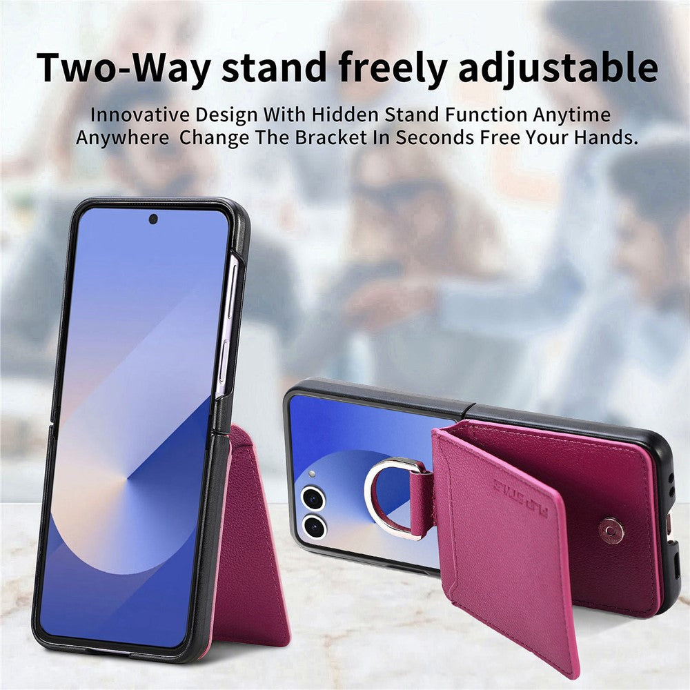 For Samsung Galaxy Z Flip7 5G Case Card Holder Kickstand PU + PC Phone Cover with Finger Ring - Purple