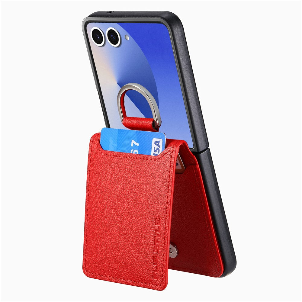 For Samsung Galaxy Z Flip7 5G Case Card Holder Kickstand PU + PC Phone Cover with Finger Ring - Red