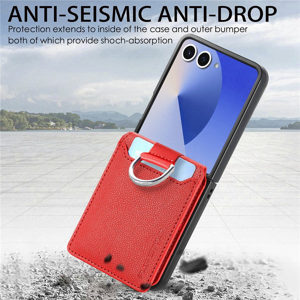For Samsung Galaxy Z Flip7 5G Case Card Holder Kickstand PU + PC Phone Cover with Finger Ring - Red