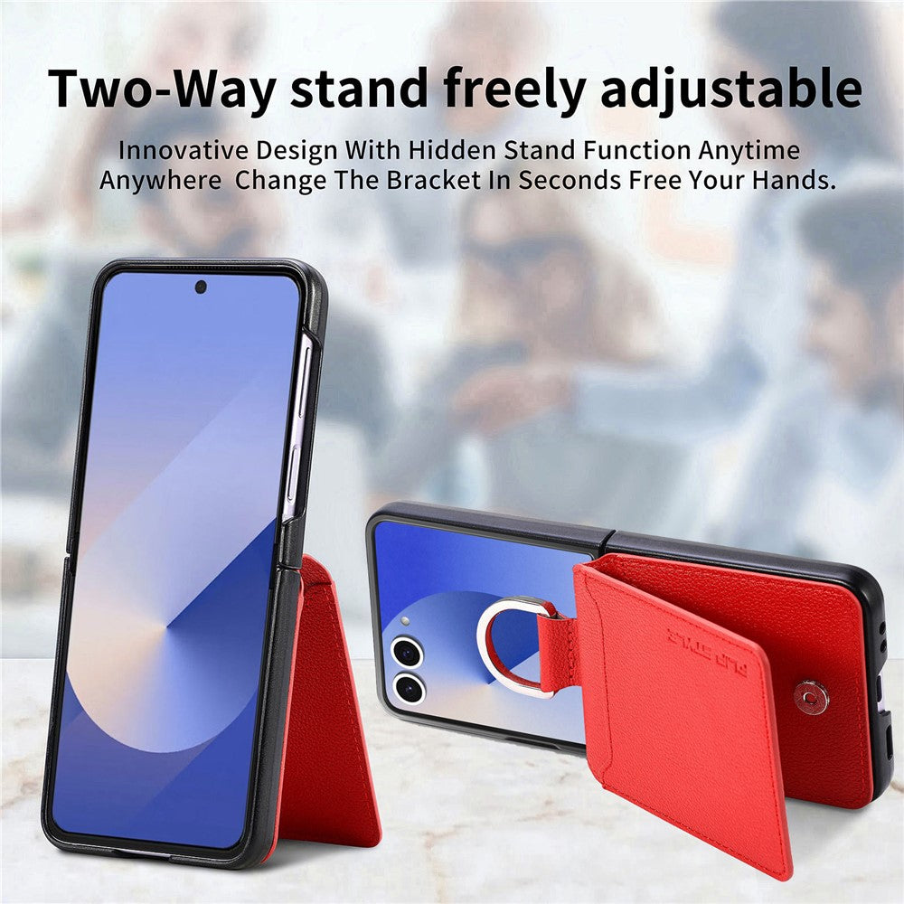 For Samsung Galaxy Z Flip7 5G Case Card Holder Kickstand PU + PC Phone Cover with Finger Ring - Red