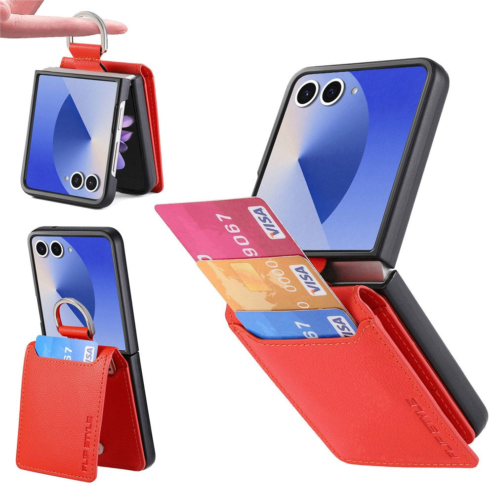 For Samsung Galaxy Z Flip7 5G Case Card Holder Kickstand PU + PC Phone Cover with Finger Ring - Orange