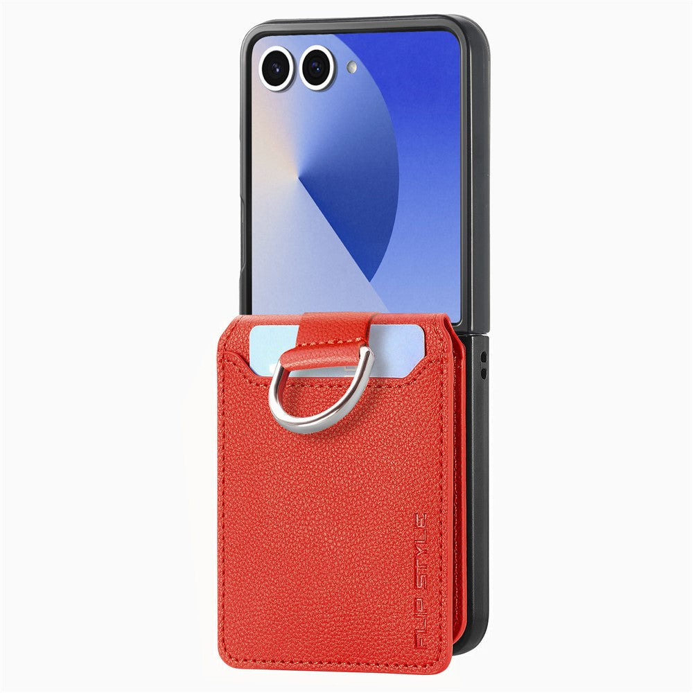 For Samsung Galaxy Z Flip7 5G Case Card Holder Kickstand PU + PC Phone Cover with Finger Ring - Orange
