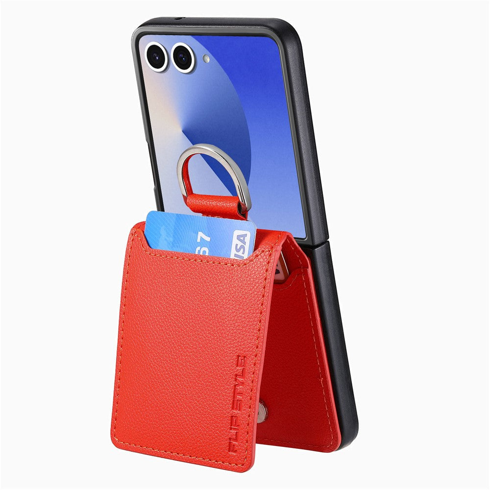 For Samsung Galaxy Z Flip7 5G Case Card Holder Kickstand PU + PC Phone Cover with Finger Ring - Orange