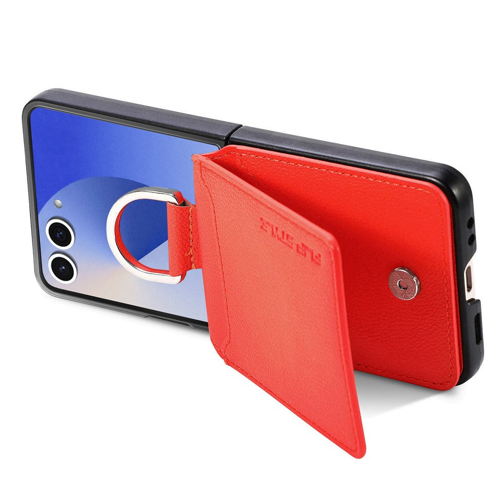 For Samsung Galaxy Z Flip7 5G Case Card Holder Kickstand PU + PC Phone Cover with Finger Ring - Orange