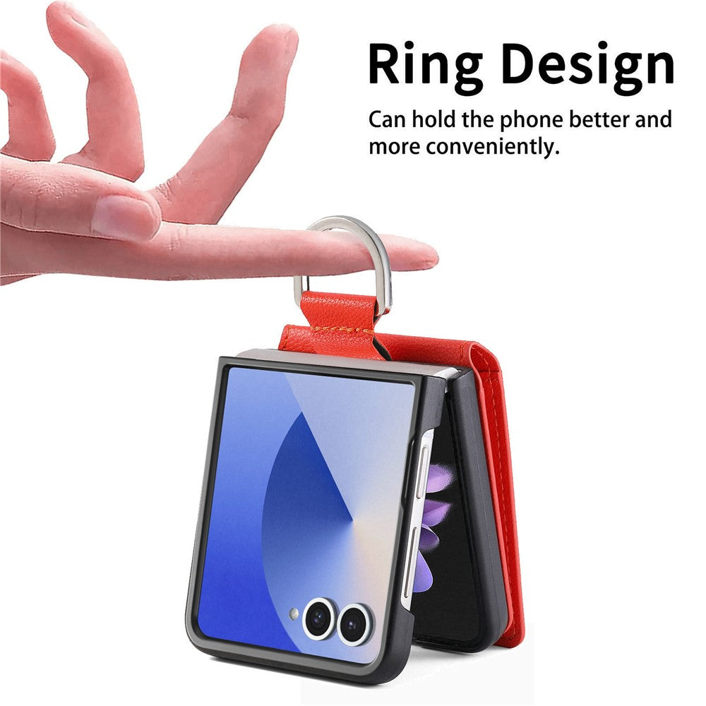 For Samsung Galaxy Z Flip7 5G Case Card Holder Kickstand PU + PC Phone Cover with Finger Ring - Orange
