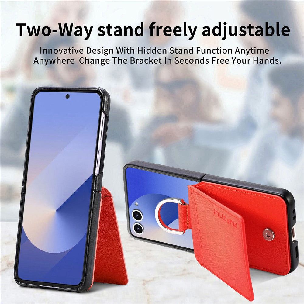 For Samsung Galaxy Z Flip7 5G Case Card Holder Kickstand PU + PC Phone Cover with Finger Ring - Orange