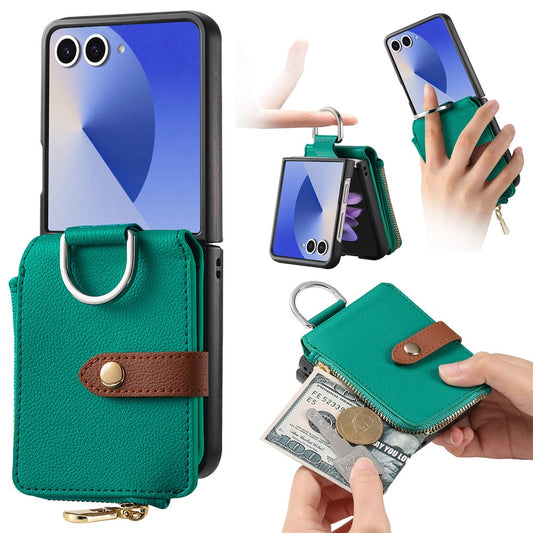 For Samsung Galaxy Z Flip7 5G Case Zipper Pocket Leather + PC Phone Cover with Ring Holder - Green