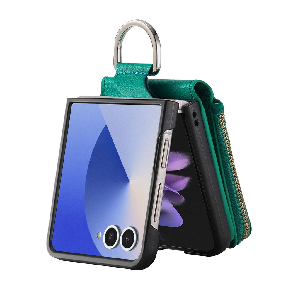 For Samsung Galaxy Z Flip7 5G Case Zipper Pocket Leather + PC Phone Cover with Ring Holder - Green