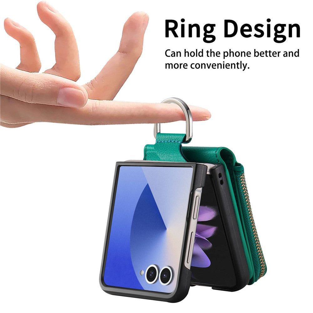 For Samsung Galaxy Z Flip7 5G Case Zipper Pocket Leather + PC Phone Cover with Ring Holder - Green