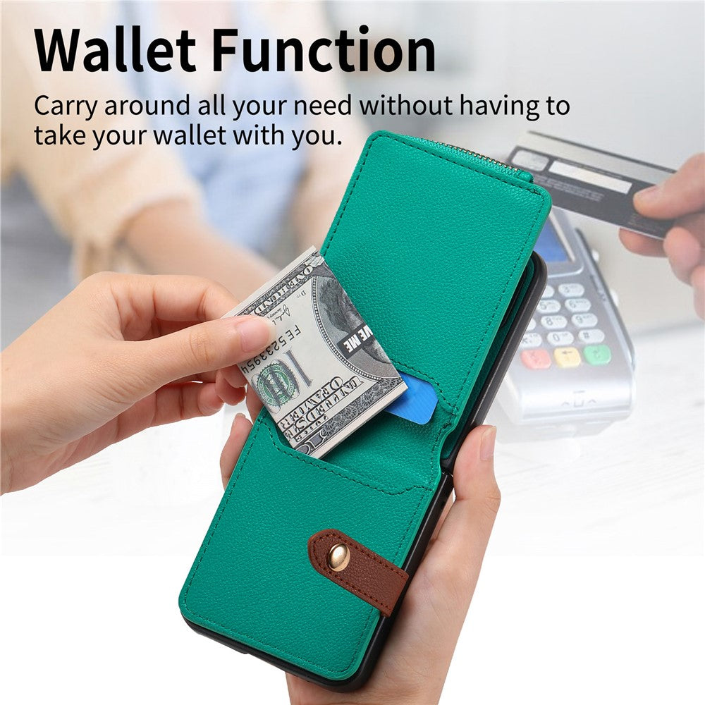 For Samsung Galaxy Z Flip7 5G Case Zipper Pocket Leather + PC Phone Cover with Ring Holder - Green