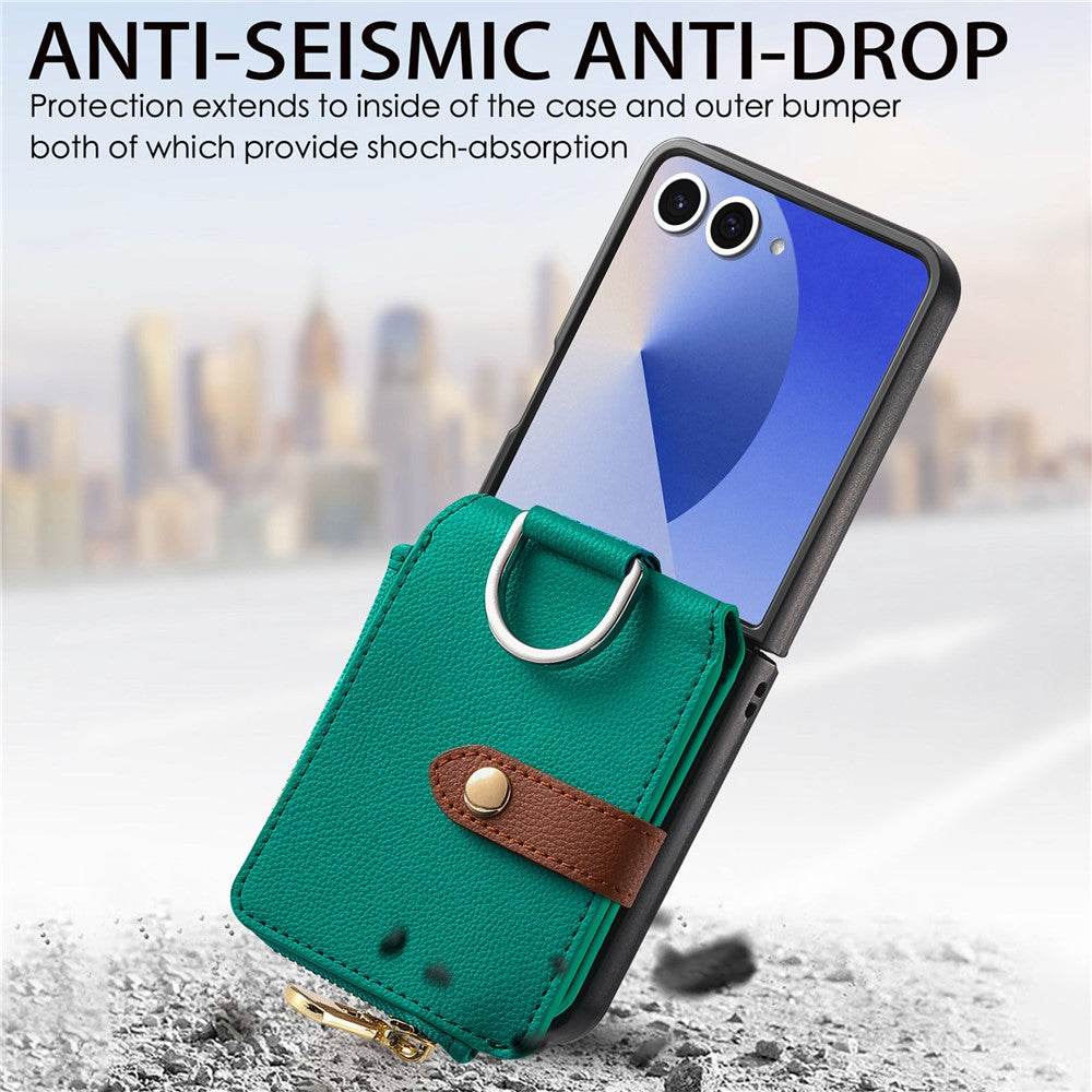 For Samsung Galaxy Z Flip7 5G Case Zipper Pocket Leather + PC Phone Cover with Ring Holder - Green
