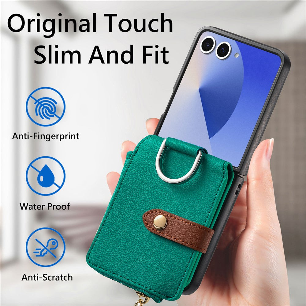 For Samsung Galaxy Z Flip7 5G Case Zipper Pocket Leather + PC Phone Cover with Ring Holder - Green