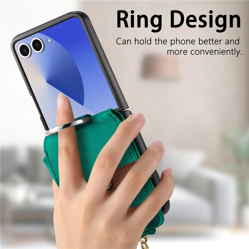 For Samsung Galaxy Z Flip7 5G Case Zipper Pocket Leather + PC Phone Cover with Ring Holder - Green