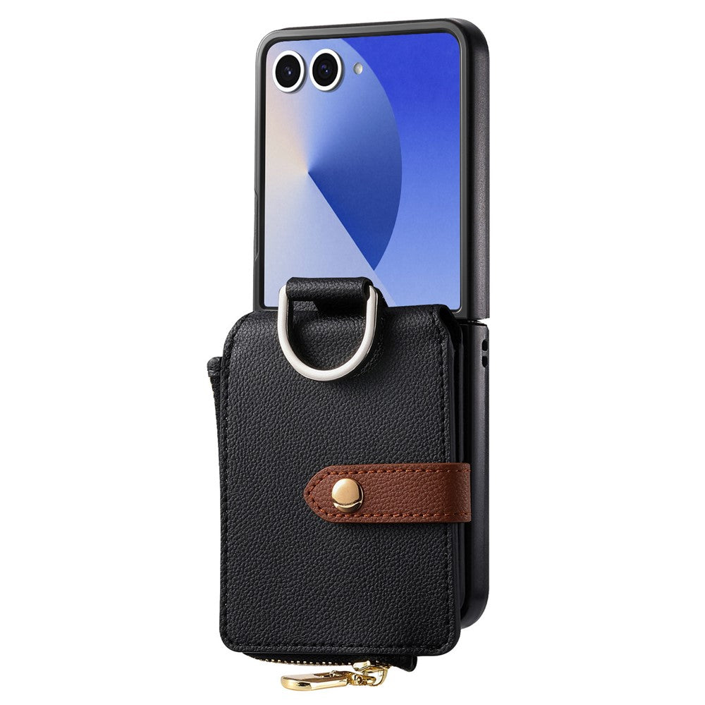 For Samsung Galaxy Z Flip7 5G Case Zipper Pocket Leather + PC Phone Cover with Ring Holder - Black