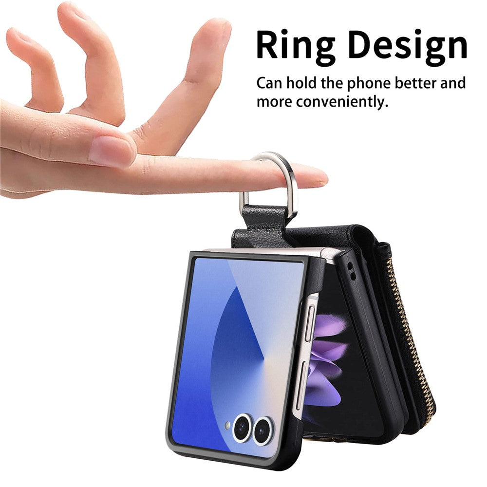 For Samsung Galaxy Z Flip7 5G Case Zipper Pocket Leather + PC Phone Cover with Ring Holder - Black
